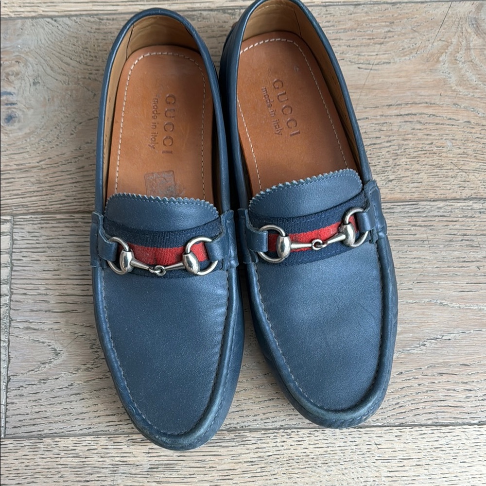 Gucci Blue and Red Leather Loafers with Silver Hardware